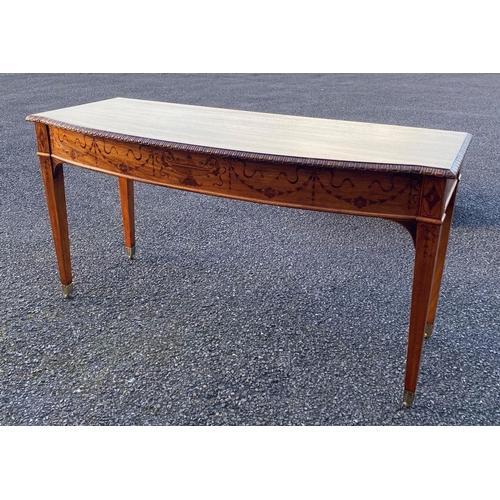 26 - A MAHOGANY AND SATINWOOD INLAID SIDE/CONSOLE TABLE, with gadrooned edge to top, wonderful inlay deta... 