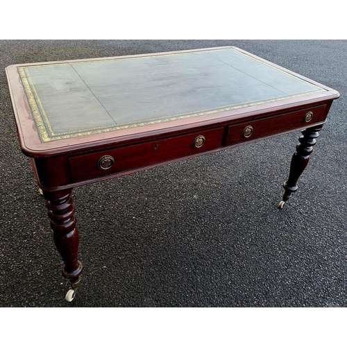 27 - A VERY GOOD QUALITY 19TH CENTURY MAHOGANY TOOLED LEATHER TOPPED WRITING DESK, the desk top with roun... 