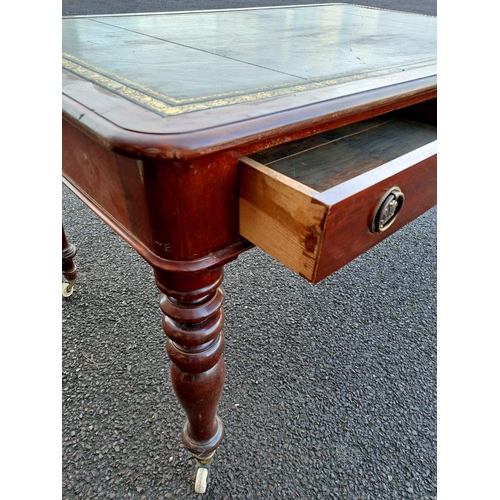 27 - A VERY GOOD QUALITY 19TH CENTURY MAHOGANY TOOLED LEATHER TOPPED WRITING DESK, the desk top with roun... 