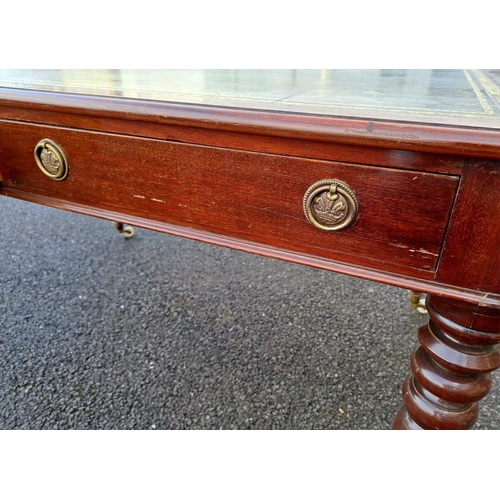 27 - A VERY GOOD QUALITY 19TH CENTURY MAHOGANY TOOLED LEATHER TOPPED WRITING DESK, the desk top with roun... 