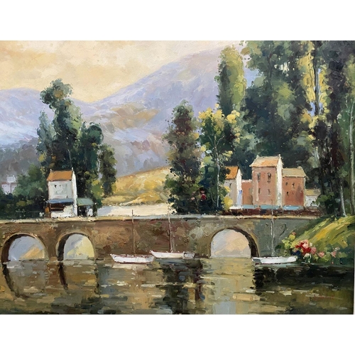 3 - E. DUPONT (20th Century), ‘BRIDGE IN THE COTTSWALDS’, large oil on canvas, signed lower right, in gi... 