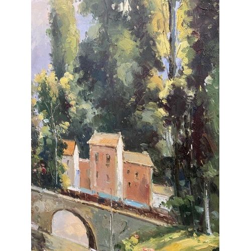 3 - E. DUPONT (20th Century), ‘BRIDGE IN THE COTTSWALDS’, large oil on canvas, signed lower right, in gi... 