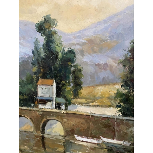 3 - E. DUPONT (20th Century), ‘BRIDGE IN THE COTTSWALDS’, large oil on canvas, signed lower right, in gi... 