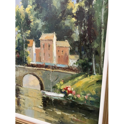 3 - E. DUPONT (20th Century), ‘BRIDGE IN THE COTTSWALDS’, large oil on canvas, signed lower right, in gi... 