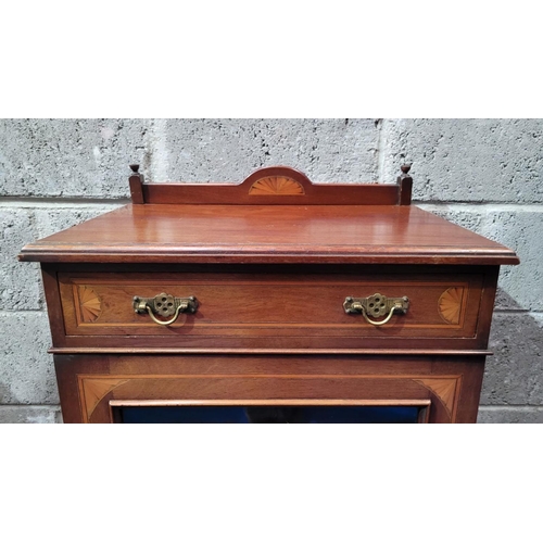 31 - A GOOD QUALITY MAHOGANY INLAID EDWARDIAN MUSIC / DISPLAY CABINET, with raised back gallery decorated... 