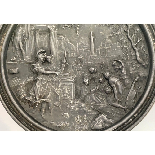 36 - A 19TH CENTURY BRONZE NEO-CLASSICAL BRONZE PLAQUE, relief decorated with Roman scene of figures cour... 