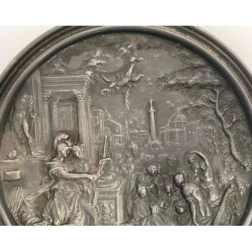 36 - A 19TH CENTURY BRONZE NEO-CLASSICAL BRONZE PLAQUE, relief decorated with Roman scene of figures cour... 