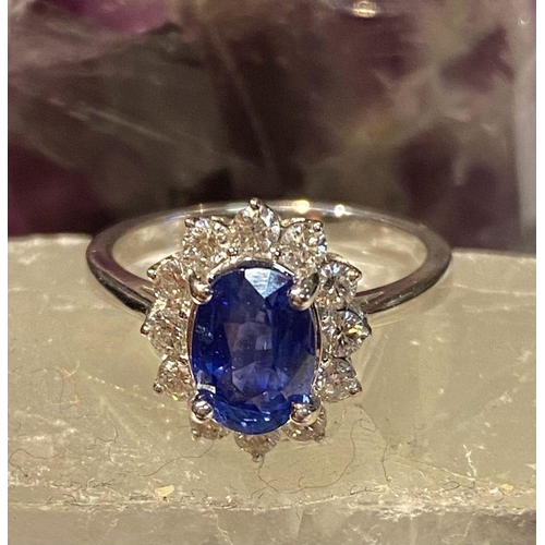 38 - A STUNNING 18CT WHITE GOLD CEYLON SAPPHIRE & DIAMOND CLUSTER RING, sapphire 2.97cts, surrounded by 1... 