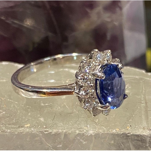 38 - A STUNNING 18CT WHITE GOLD CEYLON SAPPHIRE & DIAMOND CLUSTER RING, sapphire 2.97cts, surrounded by 1... 