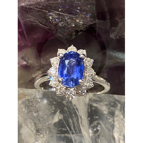 38 - A STUNNING 18CT WHITE GOLD CEYLON SAPPHIRE & DIAMOND CLUSTER RING, sapphire 2.97cts, surrounded by 1... 