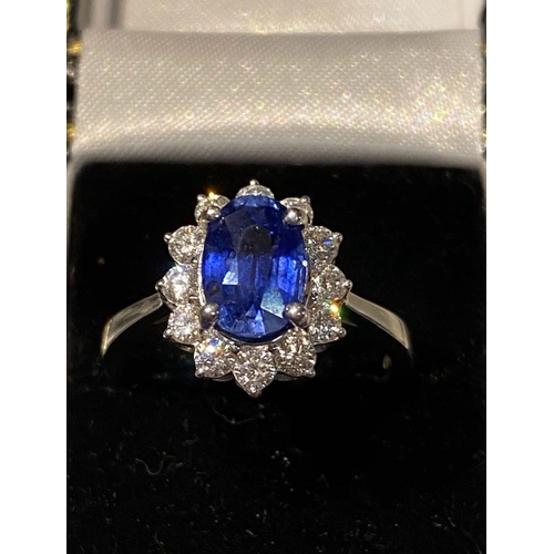 38 - A STUNNING 18CT WHITE GOLD CEYLON SAPPHIRE & DIAMOND CLUSTER RING, sapphire 2.97cts, surrounded by 1... 