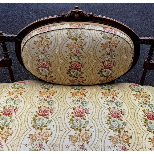 4 - AN ANTIQUE LOUIX XVI STYLE SETEE, upholstered with floral fabric, within carved mahogany frame with ... 