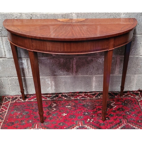 41 - A VERY FINE IRISH MAHOGANY & STAINWOOD INLAID DEMI LUNE CONSOLE / HALL / SIDE TABLE, with beautiful ... 