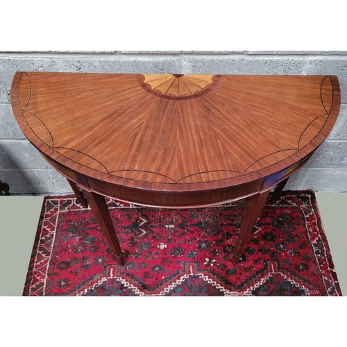 41 - A VERY FINE IRISH MAHOGANY & STAINWOOD INLAID DEMI LUNE CONSOLE / HALL / SIDE TABLE, with beautiful ... 