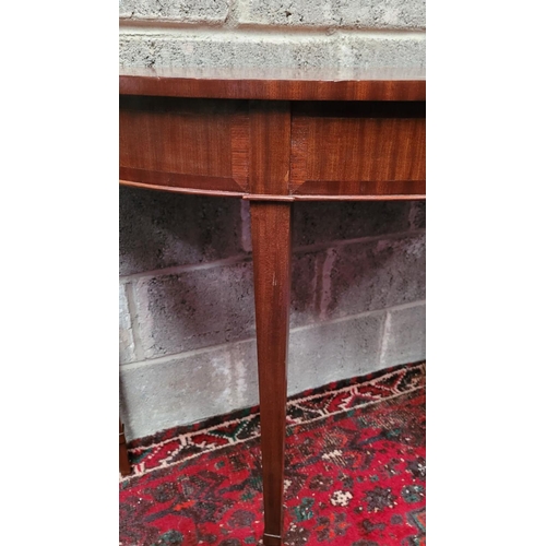 41 - A VERY FINE IRISH MAHOGANY & STAINWOOD INLAID DEMI LUNE CONSOLE / HALL / SIDE TABLE, with beautiful ... 