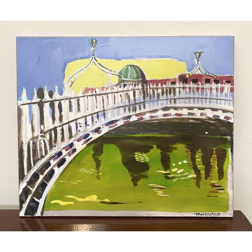 49 - TOM BYRNE (Irish, 20th Century), “HA’PENNY BRIDGE”, acrylic on canvas, signed lower right, Gallery l... 