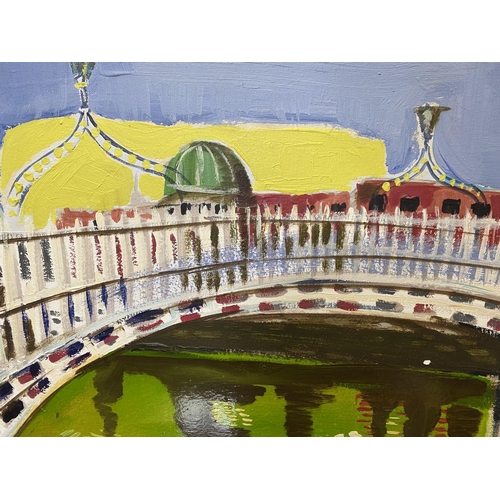 49 - TOM BYRNE (Irish, 20th Century), “HA’PENNY BRIDGE”, acrylic on canvas, signed lower right, Gallery l... 