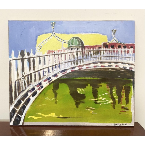 49 - TOM BYRNE (Irish, 20th Century), “HA’PENNY BRIDGE”, acrylic on canvas, signed lower right, Gallery l... 