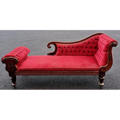 5 - AN EXCELLENT LATE VICTORIAN MAHOGANY CHAISE LOUNGE, upholstered with red fabric, having scrolling bu... 