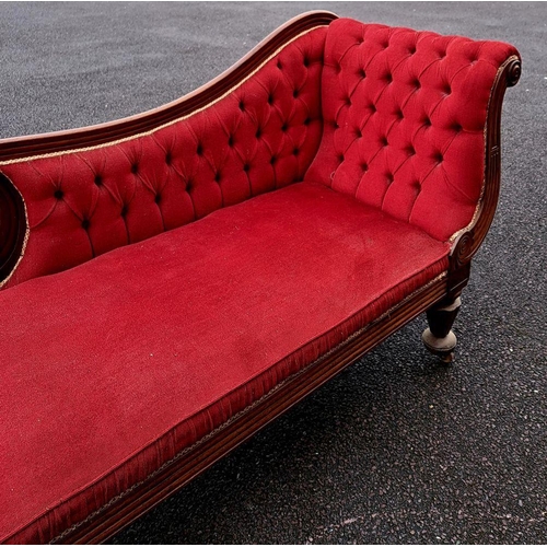 5 - AN EXCELLENT LATE VICTORIAN MAHOGANY CHAISE LOUNGE, upholstered with red fabric, having scrolling bu... 