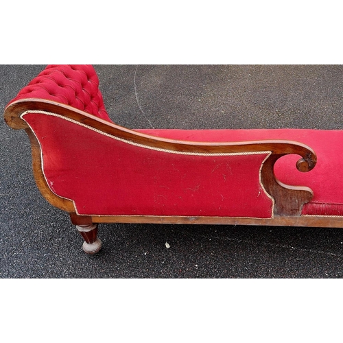 5 - AN EXCELLENT LATE VICTORIAN MAHOGANY CHAISE LOUNGE, upholstered with red fabric, having scrolling bu... 