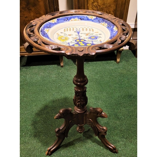 55 - AN ORNATELY CARVED 19TH CENTURY WASH STAND WITH GLAZED POTTERY BOWL, the stand is a beautiful exampl... 