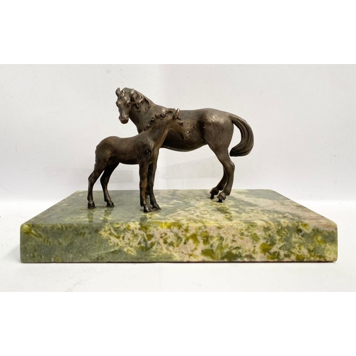 60 - A FINE BRONZE MARE AND FOAL SCULPTURE, mounted on rectangular green marble base, with a finely finis... 