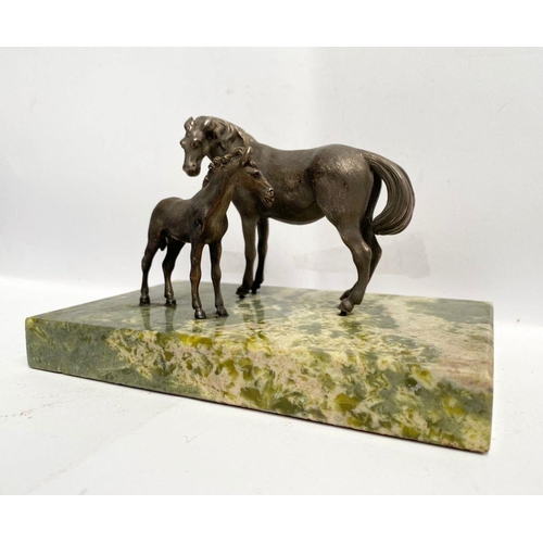 60 - A FINE BRONZE MARE AND FOAL SCULPTURE, mounted on rectangular green marble base, with a finely finis... 