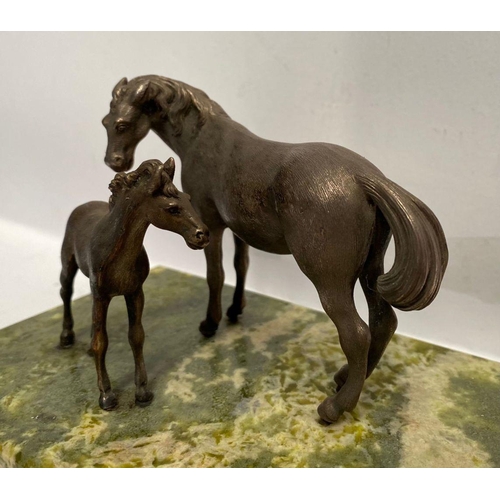 60 - A FINE BRONZE MARE AND FOAL SCULPTURE, mounted on rectangular green marble base, with a finely finis... 