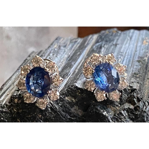 65 - A BEAUTIFUL PAIR OF 18CT WHITE GOLD CEYLON SAPPHIRE & DIAMOND CLUSTER STUD EARRINGS, sapphire 3.00ct... 