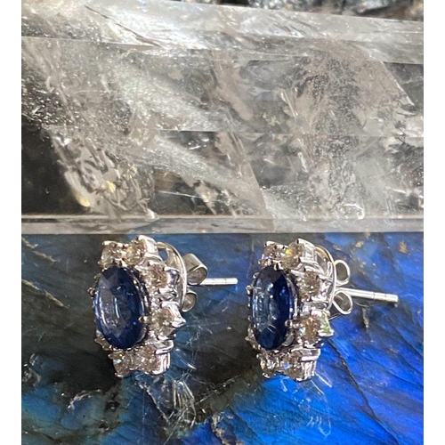 65 - A BEAUTIFUL PAIR OF 18CT WHITE GOLD CEYLON SAPPHIRE & DIAMOND CLUSTER STUD EARRINGS, sapphire 3.00ct... 