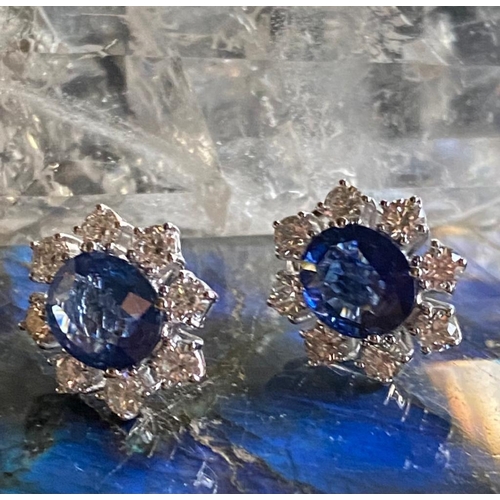 65 - A BEAUTIFUL PAIR OF 18CT WHITE GOLD CEYLON SAPPHIRE & DIAMOND CLUSTER STUD EARRINGS, sapphire 3.00ct... 