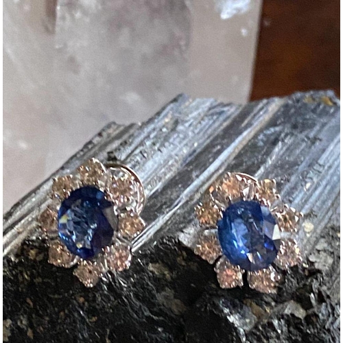 65 - A BEAUTIFUL PAIR OF 18CT WHITE GOLD CEYLON SAPPHIRE & DIAMOND CLUSTER STUD EARRINGS, sapphire 3.00ct... 