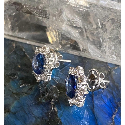 65 - A BEAUTIFUL PAIR OF 18CT WHITE GOLD CEYLON SAPPHIRE & DIAMOND CLUSTER STUD EARRINGS, sapphire 3.00ct... 