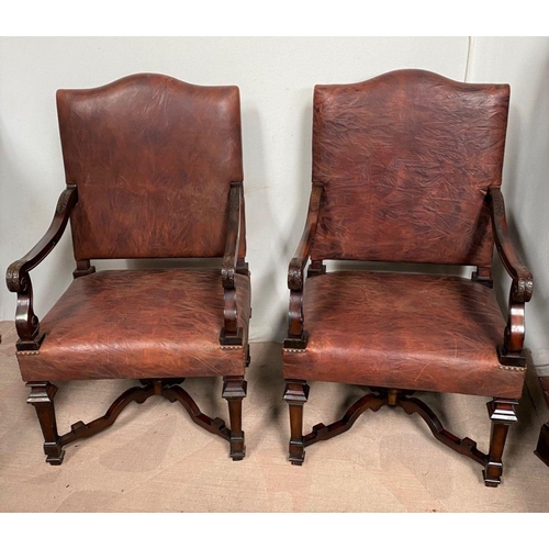 7 - A PAIR OF EXCELLENT LOUIX XV STYLE LEATHER LIBRARY ARMCHAIRS, mahogany frame with scrolling armrests... 