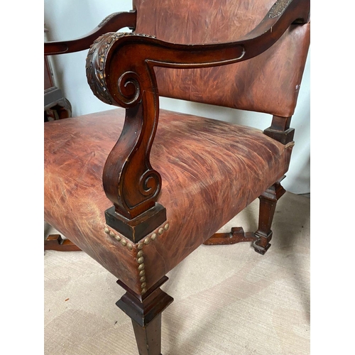 7 - A PAIR OF EXCELLENT LOUIX XV STYLE LEATHER LIBRARY ARMCHAIRS, mahogany frame with scrolling armrests... 