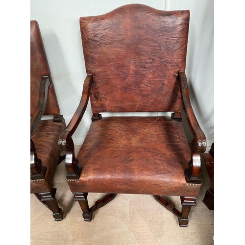 7 - A PAIR OF EXCELLENT LOUIX XV STYLE LEATHER LIBRARY ARMCHAIRS, mahogany frame with scrolling armrests... 