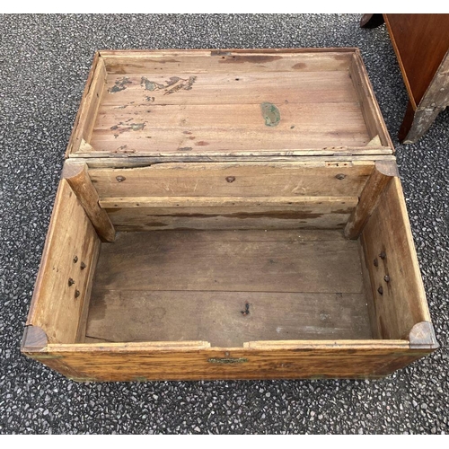 70 - A 19TH CENTURY CAMPAIGN TRUNK, brass bindings, and carrying handles to sides. Dimensions: 69cm wide ... 