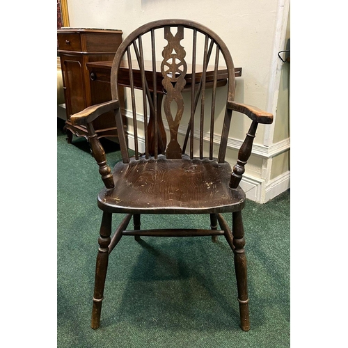 75 - A PAIR OF WHEELBACK WINSOR COUNTRY CHAIRS, spindle backed with carved back splat, turned supports to... 