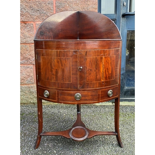 79 - A GEORGE III STYLE MAHOGANY INLAID CORNER WASHSTAND, two inlaid doors above drawer with brass handle... 