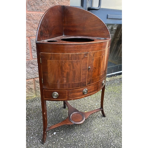 79 - A GEORGE III STYLE MAHOGANY INLAID CORNER WASHSTAND, two inlaid doors above drawer with brass handle... 