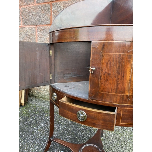 79 - A GEORGE III STYLE MAHOGANY INLAID CORNER WASHSTAND, two inlaid doors above drawer with brass handle... 