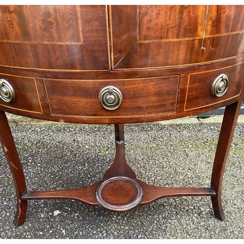 79 - A GEORGE III STYLE MAHOGANY INLAID CORNER WASHSTAND, two inlaid doors above drawer with brass handle... 