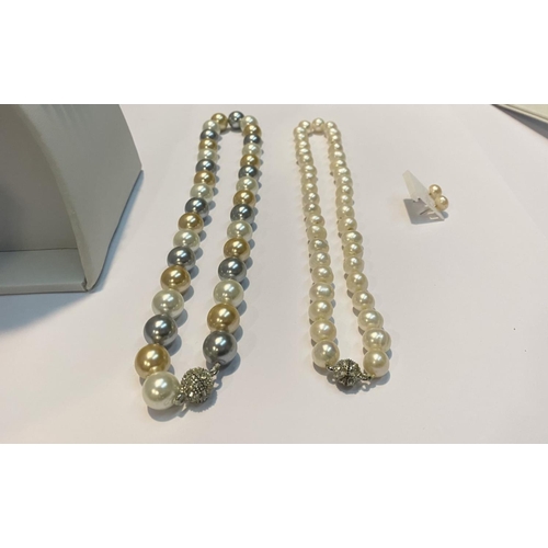 82 - AN IMITATION PEARL JEWELLERY LOT TO INCLUDE three necklaces, with circular magnetic clasp, decorated... 