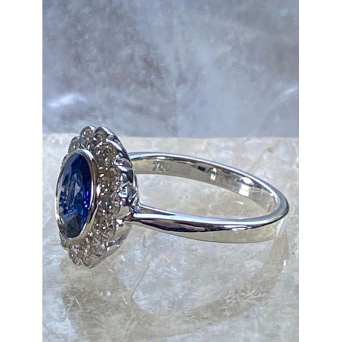 85 - A STRIKING 18CT WHITE GOLD CEYLON SAPPHIRE & DIAMOND CLUSTER RING, in a rubover setting, Ceylon Sapp... 