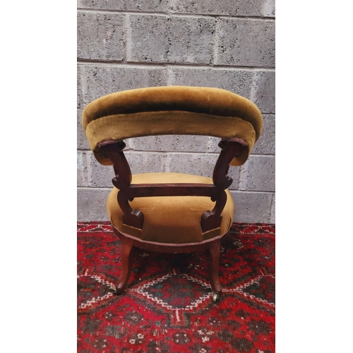 89 - A GOOD QUALITY 19TH CENTURY CARVED LOW RISE OPEN ARMCHAIR, with curved padded crest rail that runs d... 