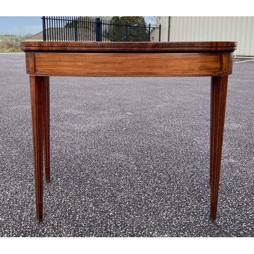 90 - A GEORGIAN MAHOGANY INLAID D-SHAPED CARD TABLE, with inlay and banding, opening to green baize lined... 