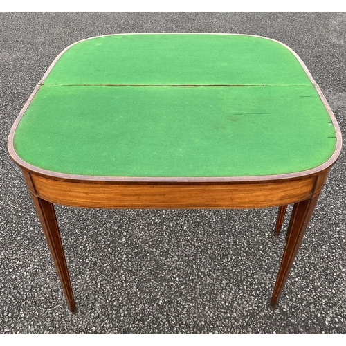 90 - A GEORGIAN MAHOGANY INLAID D-SHAPED CARD TABLE, with inlay and banding, opening to green baize lined... 