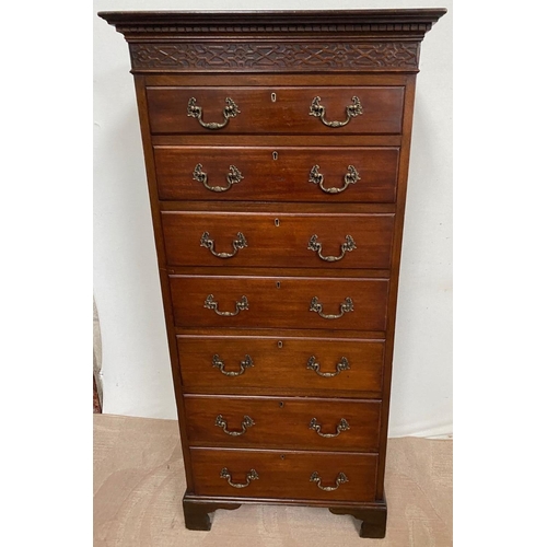 92 - AN IRISH MAHOGANY SEVEN DRAWER TALLBOY CHEST, fluted dentil cornice above carved panel, seven drawer... 