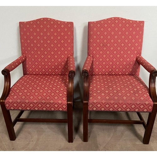 93 - A PAIR OF GOOD QUALITY GAINBOROUGH CHAIRS, upholstered with patterned red fabric, with carved fluted... 